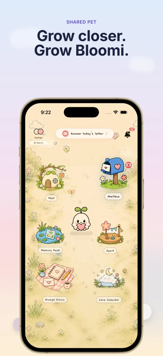 Closer app showing Bloomi and a daily relationship ritual